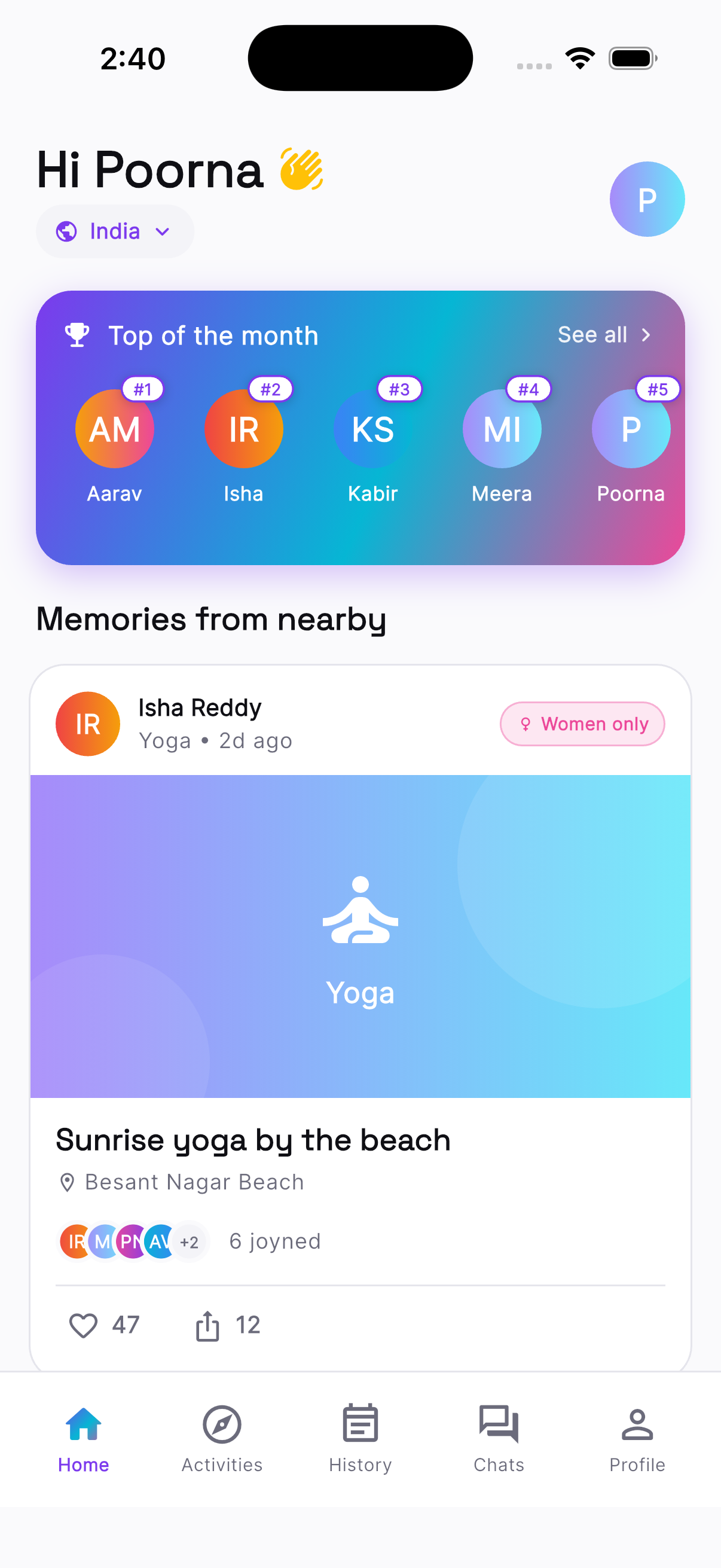 Joyn home feed showing local activities and leaderboard